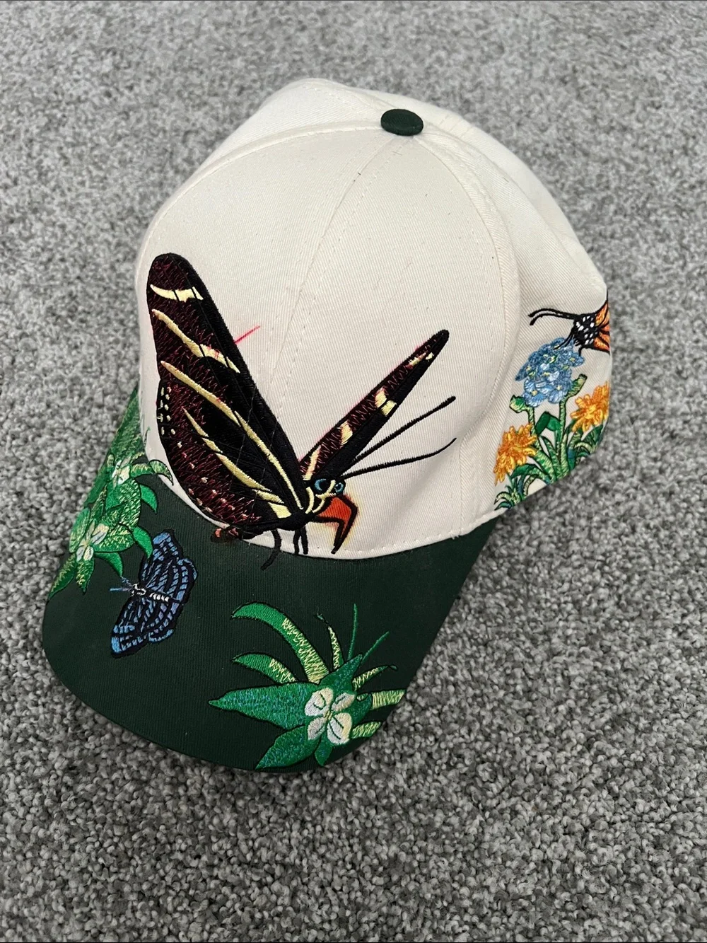 Floral & Butterfly Embroidered Baseball Cap - Cream & Dark Green